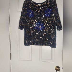 Vtg Royal XL Black 100% PURE SILK 3/4 Slvb Gold Blue Accents Beaded Women's Top